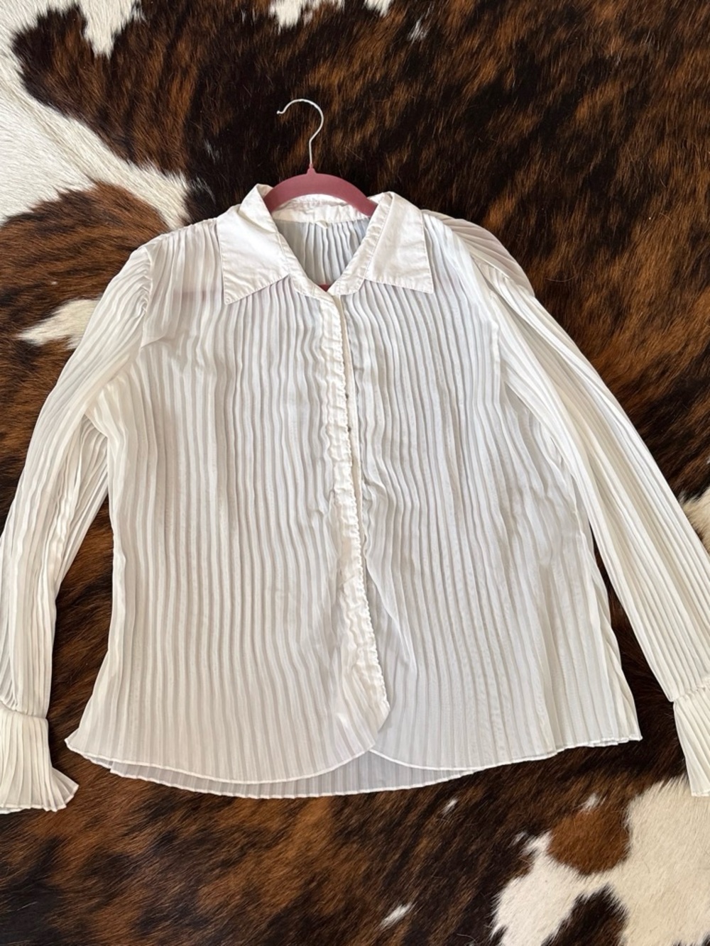 Sheer Pleated Button-Front Blouse in White